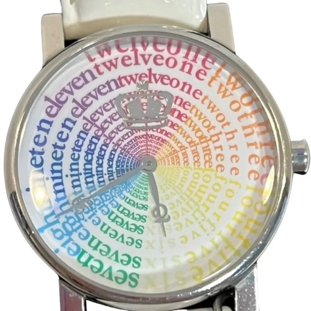 Juicy Couture Watch Rainbow Number Face Silver J Charm White Leather Strap